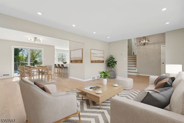 Dining room, Interior, Living room, Recessed Lighting, Wood Texture Flooring