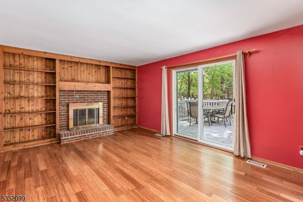 Dining room, Empty room, Fireplace, Interior, Wood Texture Flooring, Wooden Walls