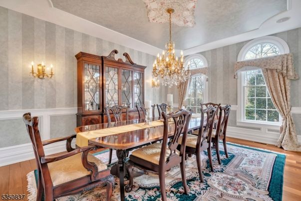Chandelier, Dining room, Interior, Wood Texture Flooring