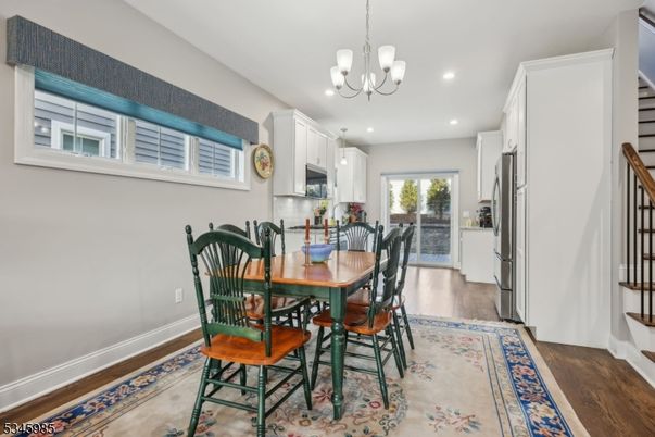 Chandelier, Dining room, Interior, Kitchen, Pendant Lights, Recessed Lighting, Wood Texture Flooring