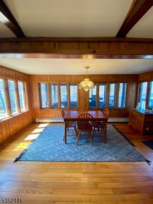 Chandelier, Dining room, Interior, Wooden Beams, Wood Texture Flooring, Wooden Walls
