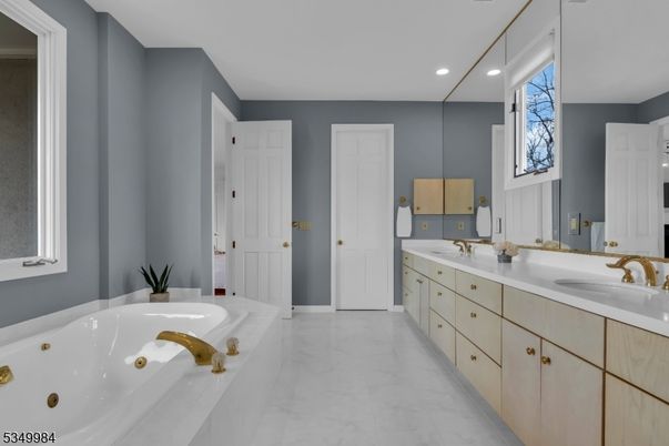 Bathroom, Dual Sink Vanities, Interior, Marble, Recessed Lighting