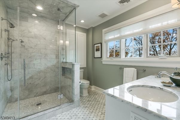 Bathroom, Glass Shower, Interior, Marble Walls, Recessed Lighting