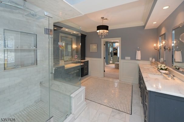 Bathroom, Chandelier, Dual Sink Vanities, Glass Shower, Interior, Marble, Recessed Lighting