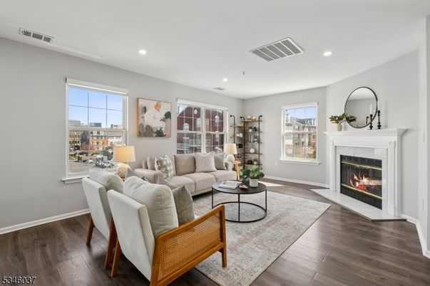 Fireplace, Interior, Living room, Recessed Lighting, Wood Texture Flooring