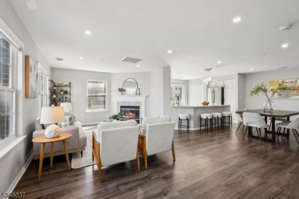 Dining room, Fireplace, Interior, Kitchen, Living room, Pendant Lights, Recessed Lighting, Wood Texture Flooring