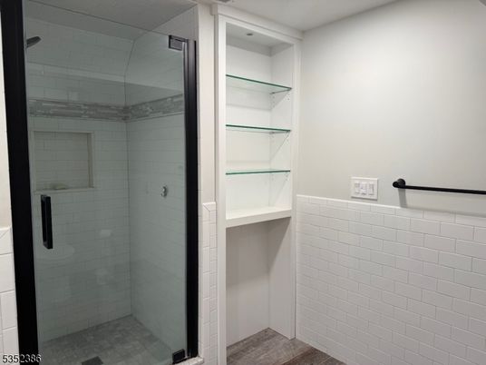 Bathroom, Glass Shower, Interior, Recessed Lighting, Wood Texture Flooring