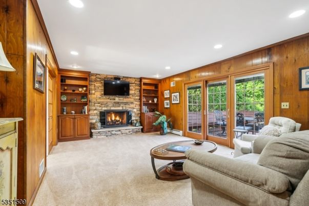 Fireplace, Interior, Living room, Recessed Lighting, Stone Walls, Wooden Walls