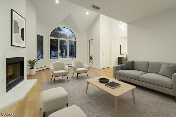 Fireplace, Interior, Living room, Recessed Lighting, Wood Texture Flooring