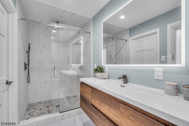 Bathroom, Glass Shower, Interior, Marble, Marble Walls, Recessed Lighting