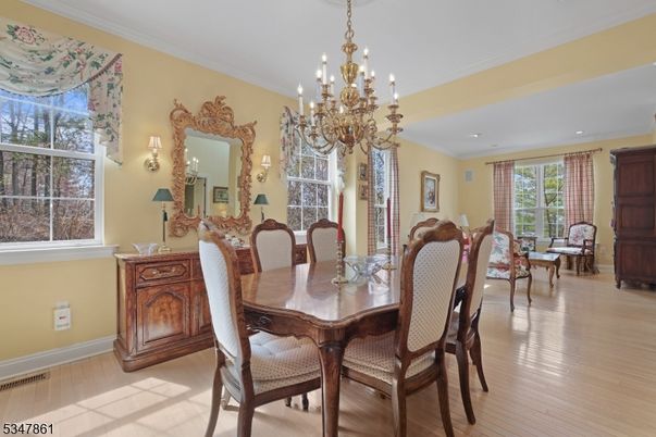 Chandelier, Dining room, Interior, Recessed Lighting, Wood Texture Flooring