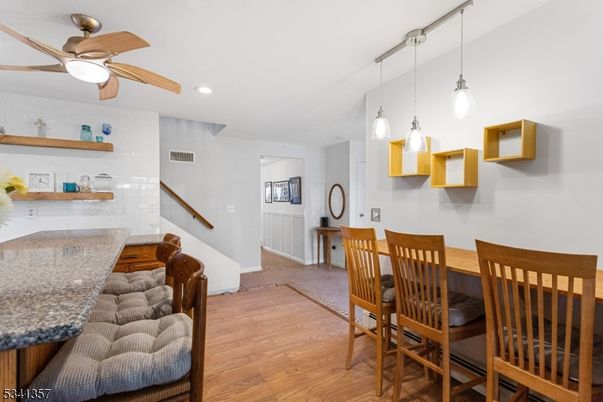 Dining room, Interior, Pendant Lights, Recessed Lighting, Wood Texture Flooring