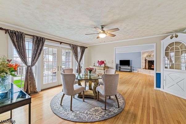 Dining room, Fireplace, Interior, Wood Texture Flooring