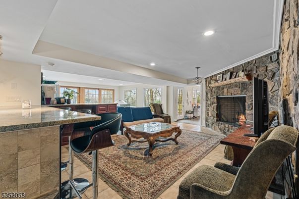 Fireplace, Interior, Living room, Pendant Lights, Recessed Lighting, Stone Walls