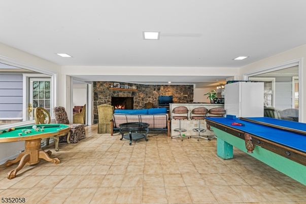 Billiard Table, Fireplace, Game Room, Interior, Recessed Lighting, Stone Walls
