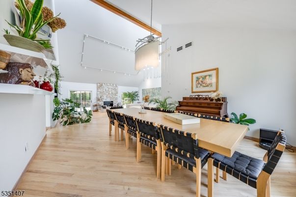 Dining room, Fireplace, Interior, Pendant Lights, Wood Texture Flooring