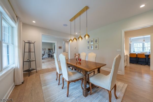 Dining room, Interior, Pendant Lights, Recessed Lighting, Wood Texture Flooring