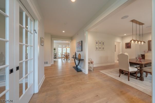 Dining room, Interior, Pendant Lights, Recessed Lighting, Wood Texture Flooring