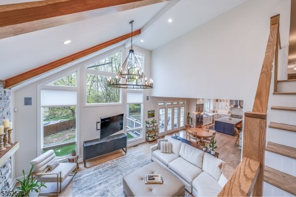 Fireplace, Interior, Living room, Pendant Lights, Recessed Lighting, Wooden Beams, Wood Texture Flooring