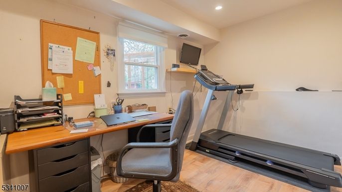 Fitness Equipment, Home Office, Interior, Recessed Lighting, Wood Texture Flooring