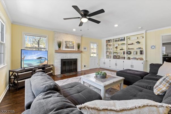 Fireplace, Interior, Living room, Recessed Lighting, Wood Texture Flooring