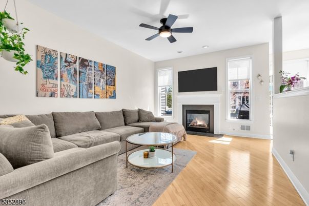 Fireplace, Interior, Living room, Recessed Lighting, Wood Texture Flooring
