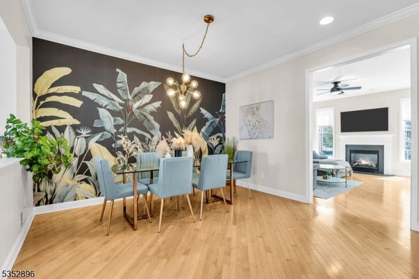 Dining room, Fireplace, Interior, Recessed Lighting, Wood Texture Flooring