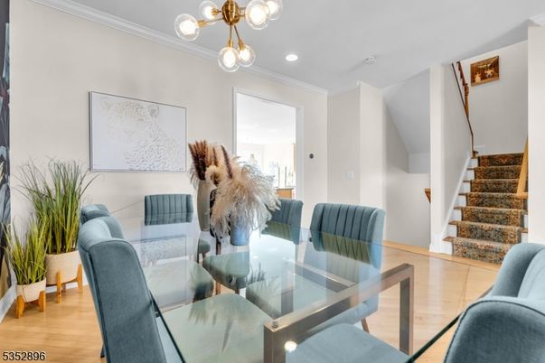 Dining room, Interior, Pendant Lights, Recessed Lighting, Wood Texture Flooring
