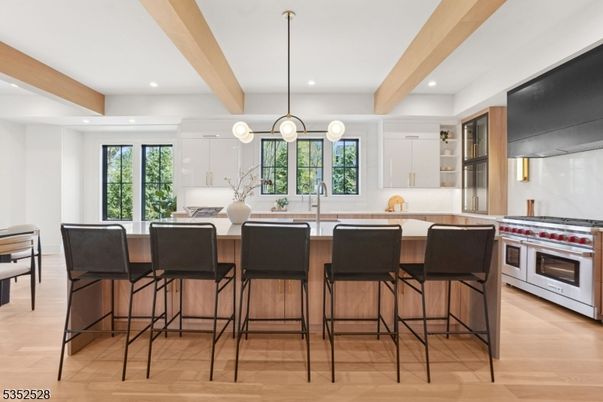 Interior, Kitchen, Pendant Lights, Recessed Lighting, Stainless Steel Appliances, Wooden Beams, Wood Texture Flooring