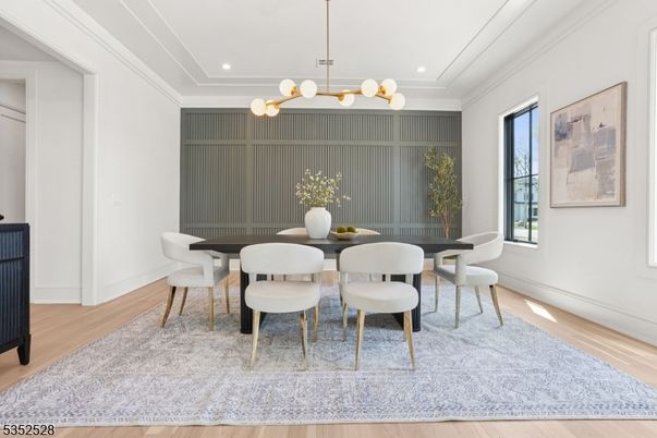 Dining room, Interior, Pendant Lights, Recessed Lighting, Wood Texture Flooring