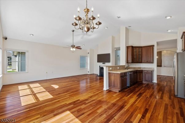Chandelier, Empty room, Interior, Kitchen, Recessed Lighting, Wood Texture Flooring
