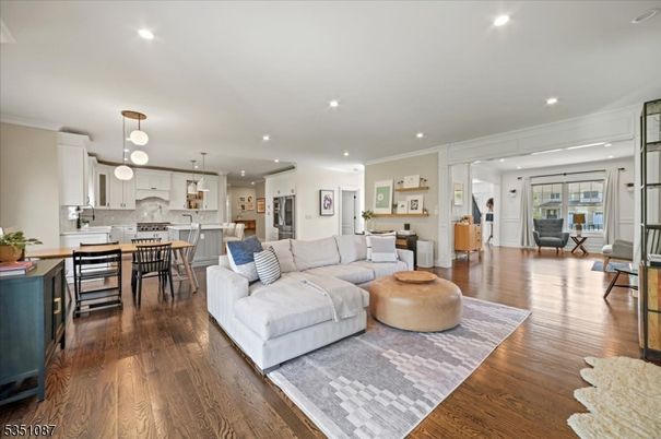 Dining room, Interior, Kitchen, Living room, Pendant Lights, Recessed Lighting, Stainless Steel Appliances, Wood Texture Flooring