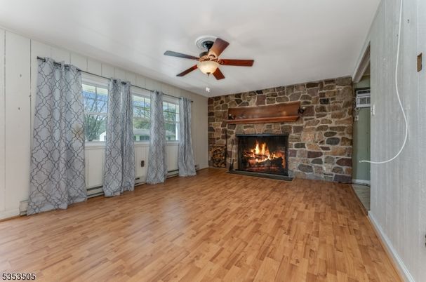 Empty room, Fireplace, Interior, Stone Walls, Wood Texture Flooring