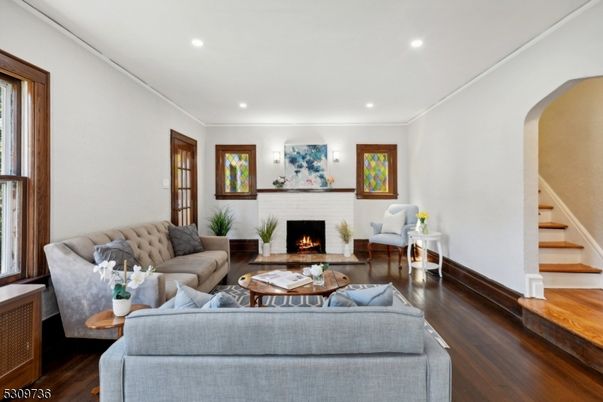 Fireplace, Interior, Living room, Recessed Lighting, Wood Texture Flooring