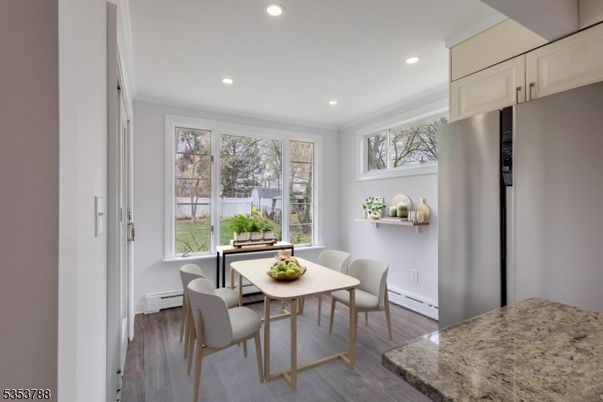 Dining room, Interior, Recessed Lighting, Wood Texture Flooring