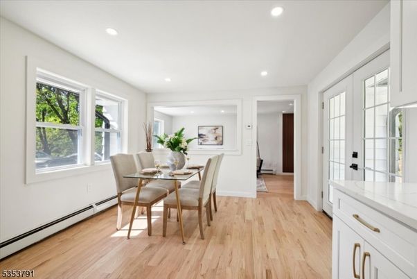 Dining room, Interior, Recessed Lighting, Wood Texture Flooring