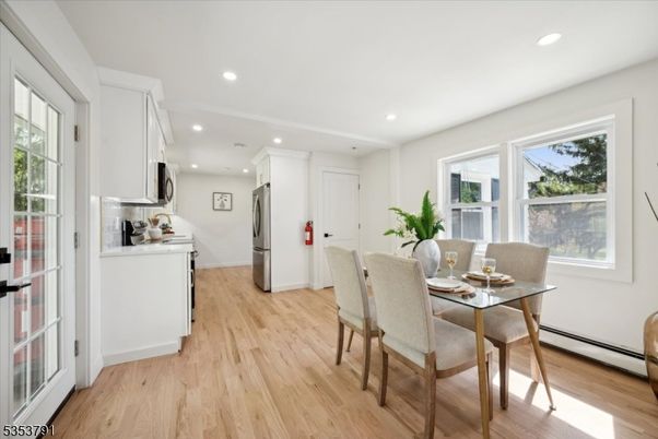Dining room, Interior, Kitchen, Recessed Lighting, Wood Texture Flooring
