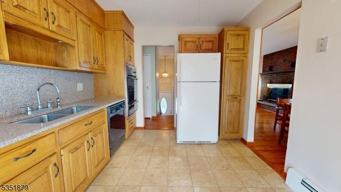 Fireplace, Interior, Kitchen, Stone Walls, Wood Texture Flooring
