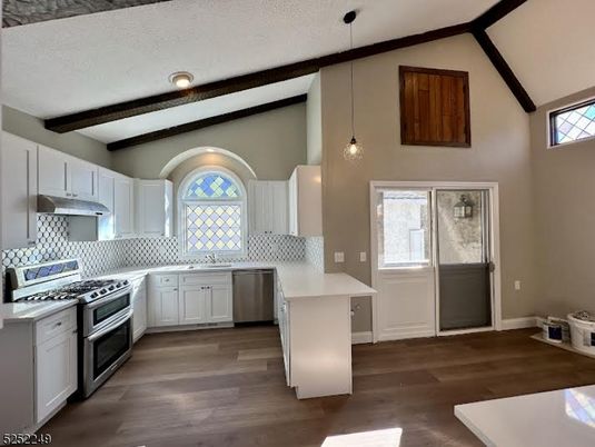 Interior, Kitchen, Pendant Lights, Stainless Steel Appliances, Wooden Beams, Wood Texture Flooring
