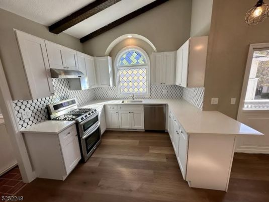 Interior, Kitchen, Pendant Lights, Recessed Lighting, Stainless Steel Appliances, Wooden Beams, Wood Texture Flooring