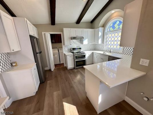 Interior, Kitchen, Recessed Lighting, Stainless Steel Appliances, Wooden Beams, Wood Texture Flooring