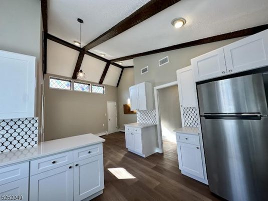Interior, Kitchen, Pendant Lights, Stainless Steel Appliances, Wooden Beams, Wood Texture Flooring