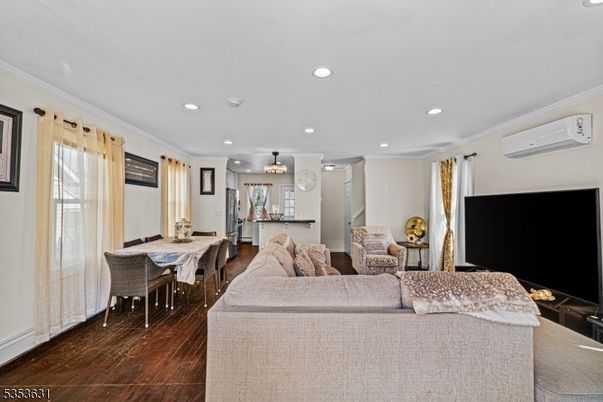 Chandelier, Dining room, Interior, Living room, Recessed Lighting, Wood Texture Flooring
