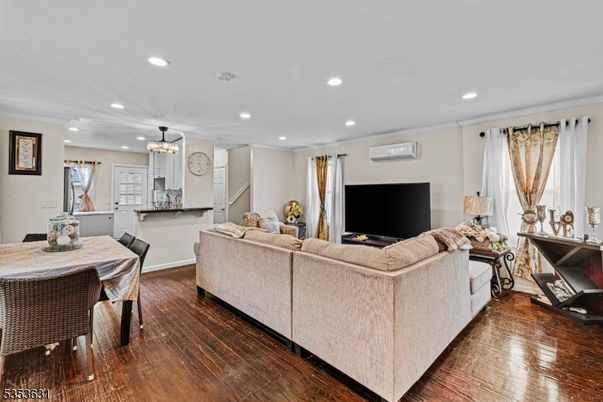 Chandelier, Dining room, Interior, Living room, Pendant Lights, Recessed Lighting, Wood Texture Flooring