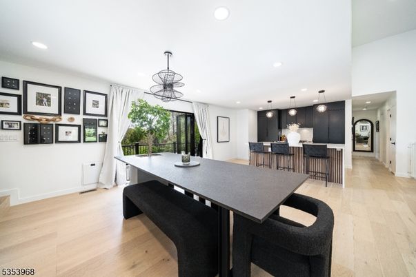 Dining room, Interior, Kitchen, Pendant Lights, Recessed Lighting, Wood Texture Flooring