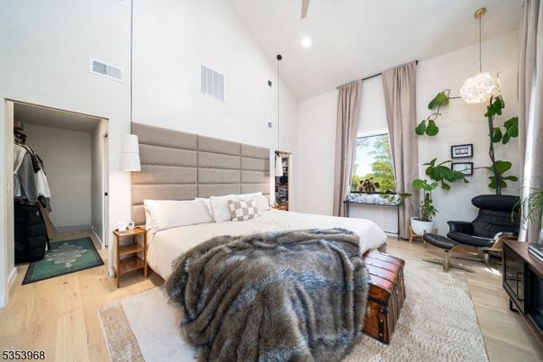 Bedroom, Interior, Pendant Lights, Recessed Lighting, Wood Texture Flooring