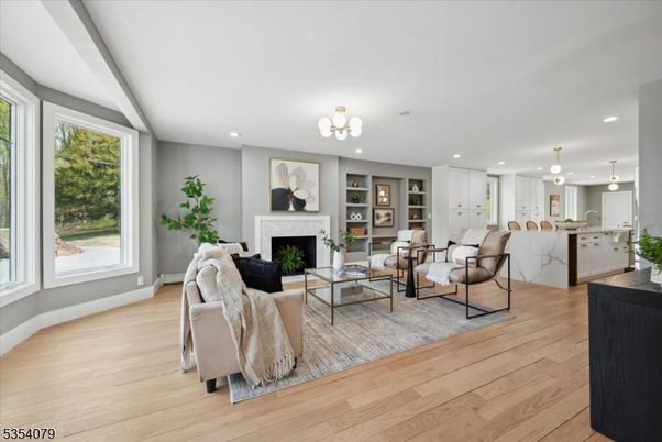 Fireplace, Interior, Kitchen, Living room, Pendant Lights, Recessed Lighting, Wood Texture Flooring