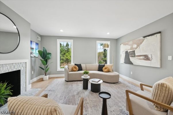 Fireplace, Interior, Living room, Recessed Lighting, Wood Texture Flooring