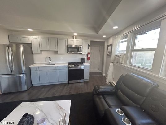 Interior, Kitchen, Living room, Recessed Lighting, Stainless Steel Appliances, Wood Texture Flooring