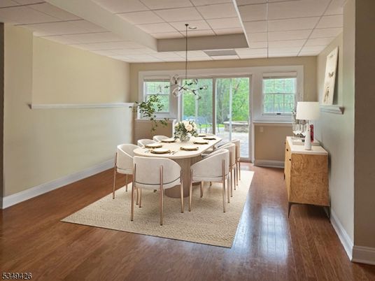 Dining room, Interior, Pendant Lights, Wood Texture Flooring
